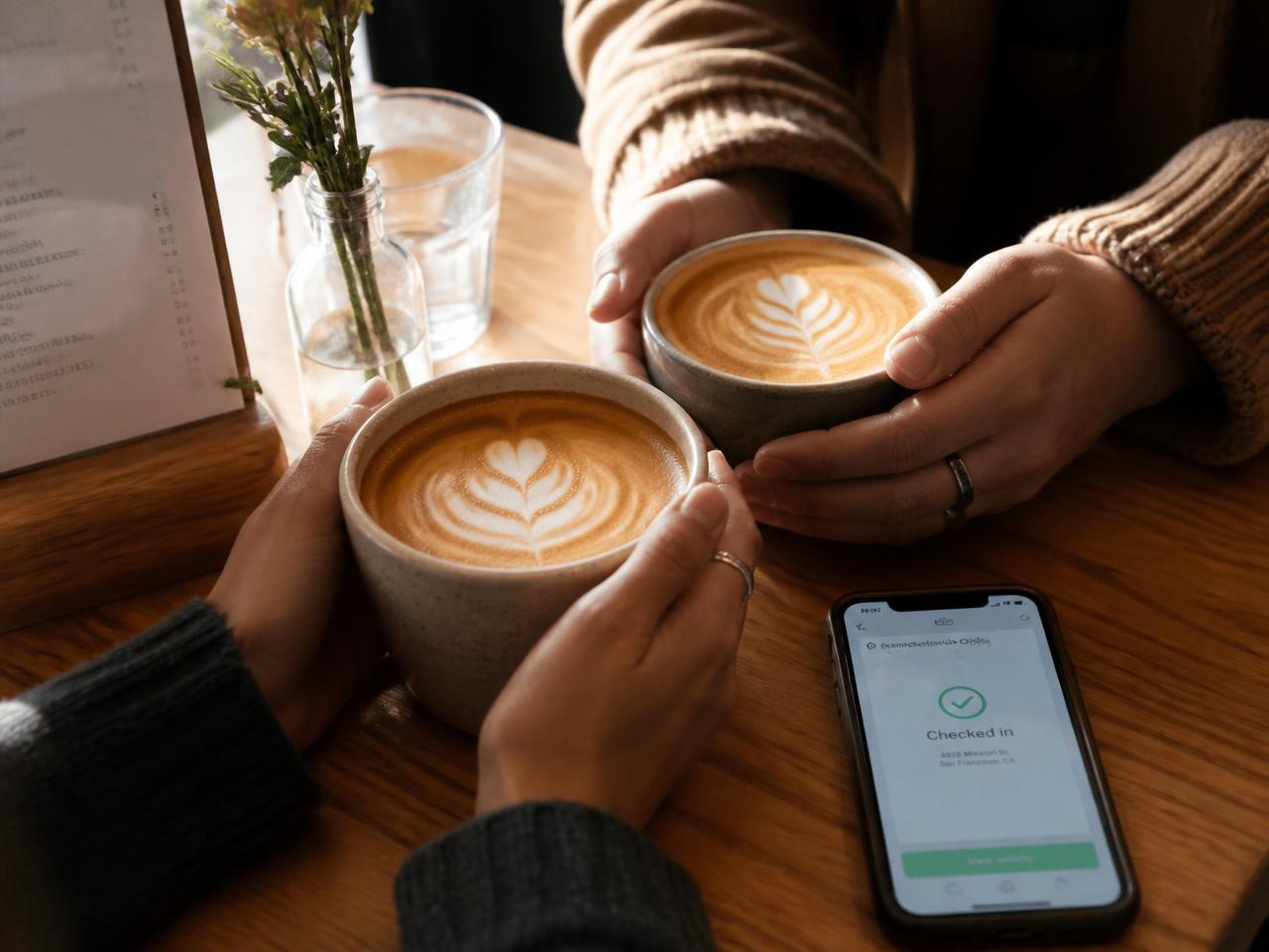 Two people holding latte-art coffees at a sunlit café table while checking in on a phone
